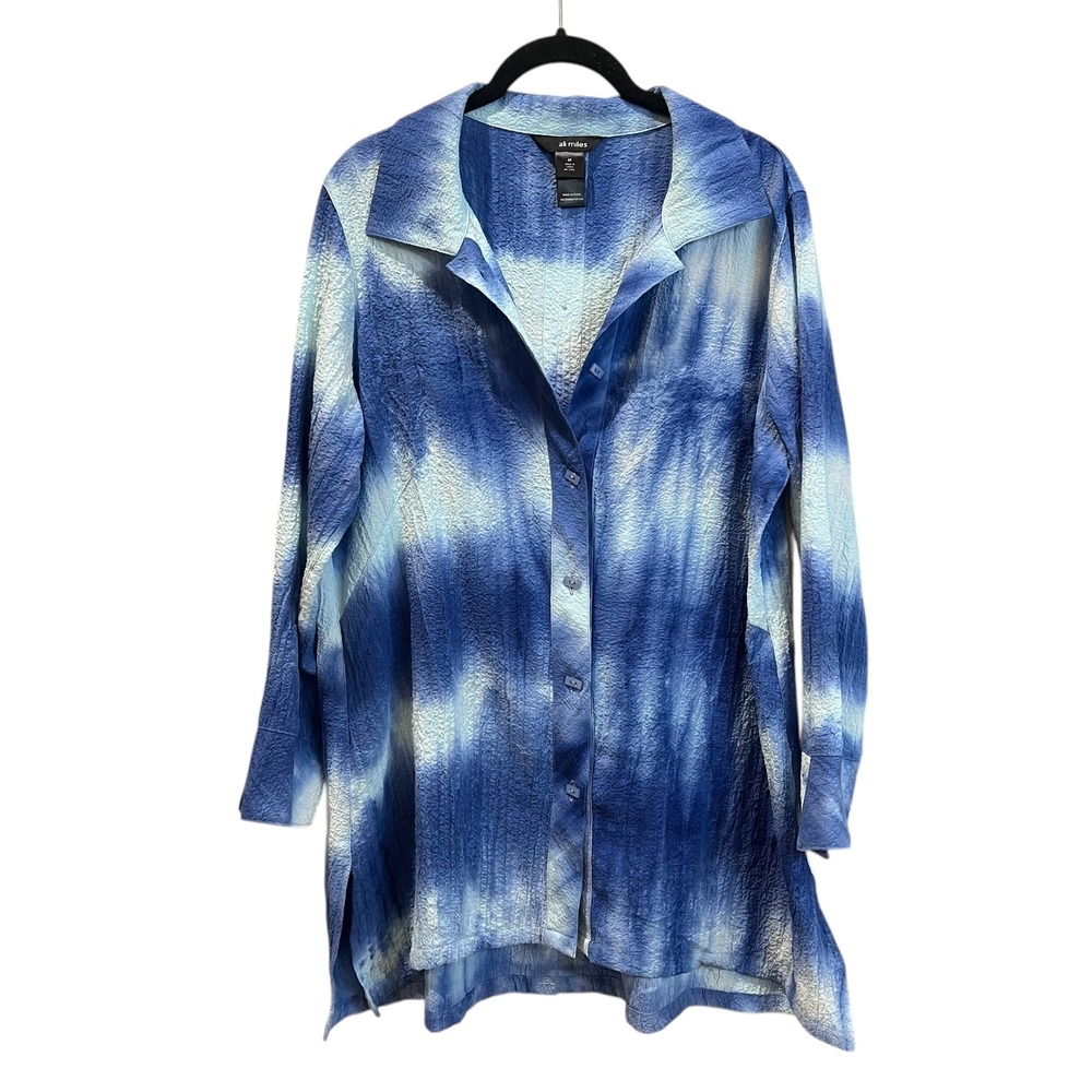 Ali Miles Blue Tie Dye Ombré Crinkle‎ Tunic Top Button Down size Medium